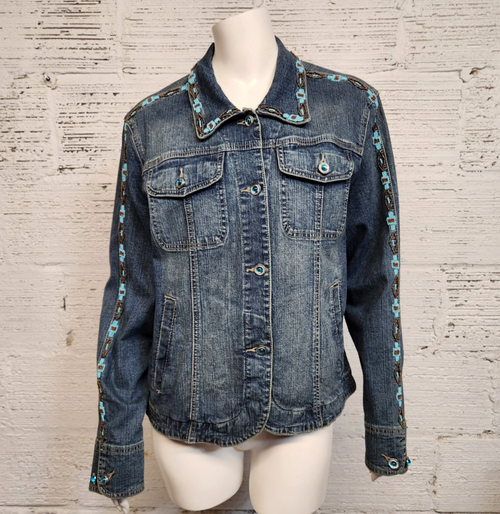 Ethyl Vintage Women's L Embellished Seed Bead Southwestern Denim Jean Jacket